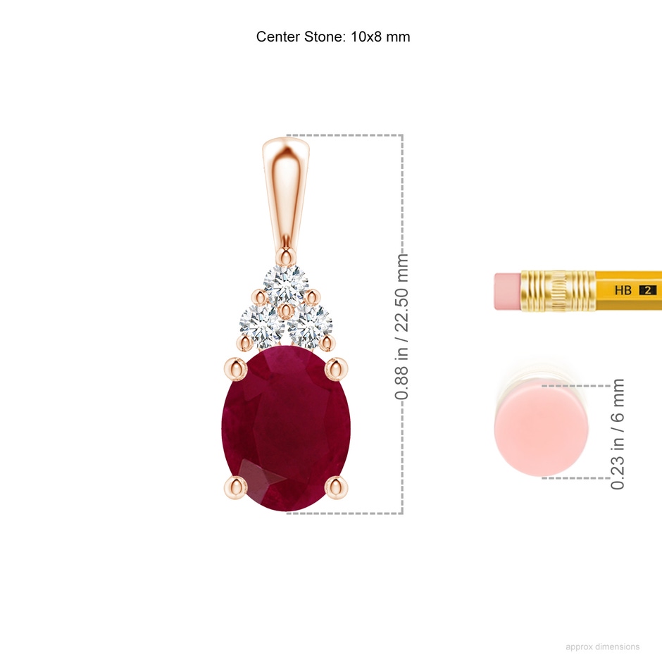 10x8mm A Oval Ruby Solitaire Pendant with Trio Diamond in 18K Rose Gold ruler