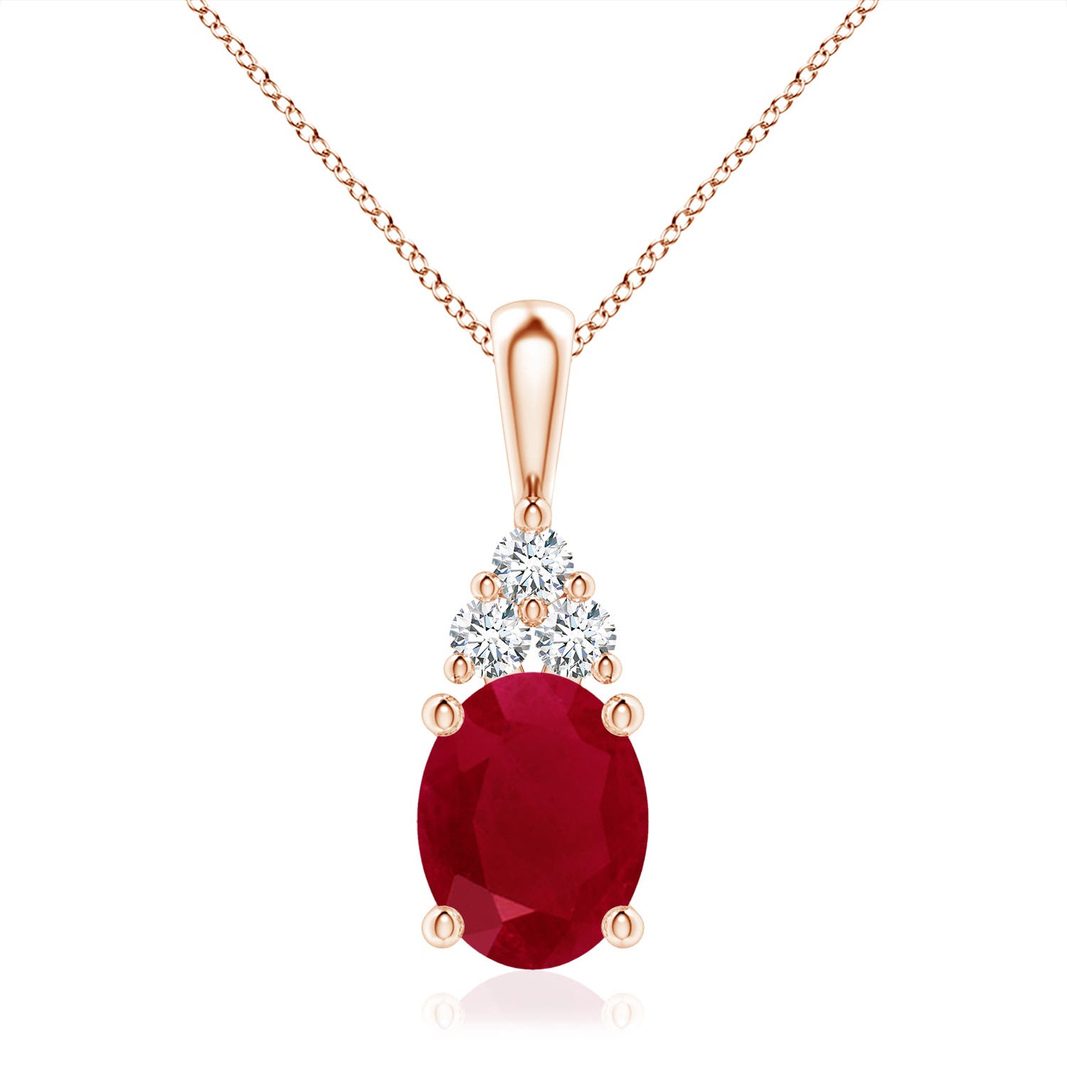 10x8mm AA Oval Ruby Solitaire Pendant with Trio Diamond in 18CT Rose Gold