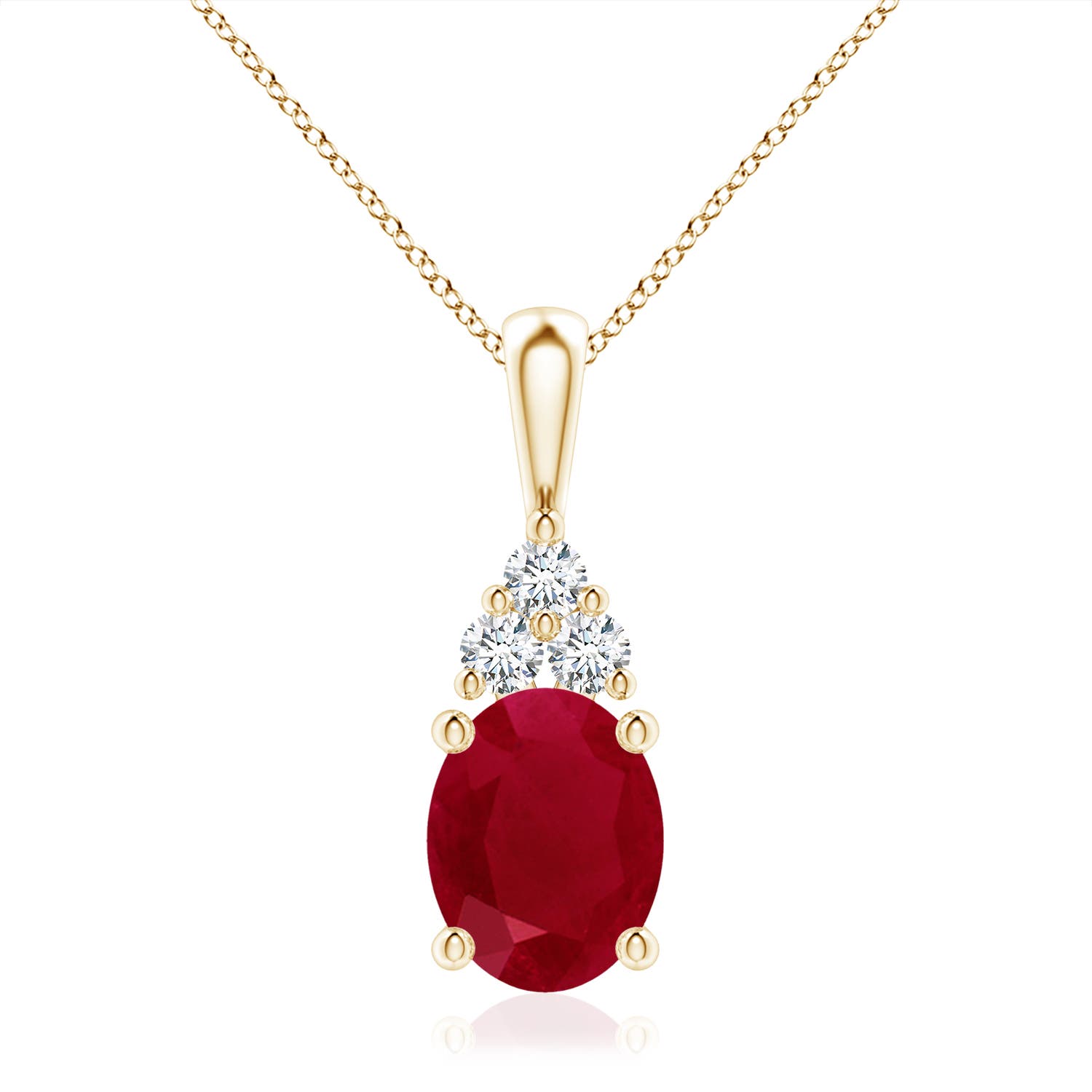10x8mm AA Oval Ruby Solitaire Pendant with Trio Diamond in 18CT Yellow Gold