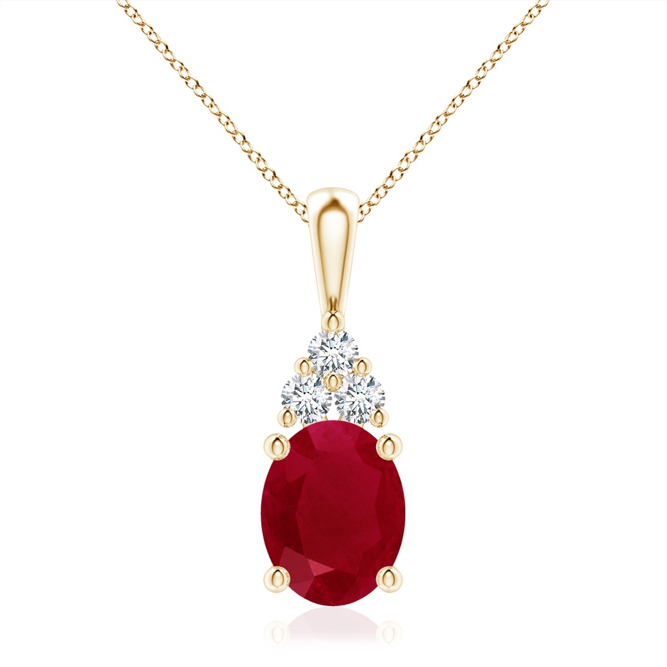 10x8mm AA Oval Ruby Solitaire Pendant with Trio Diamond in Yellow Gold 