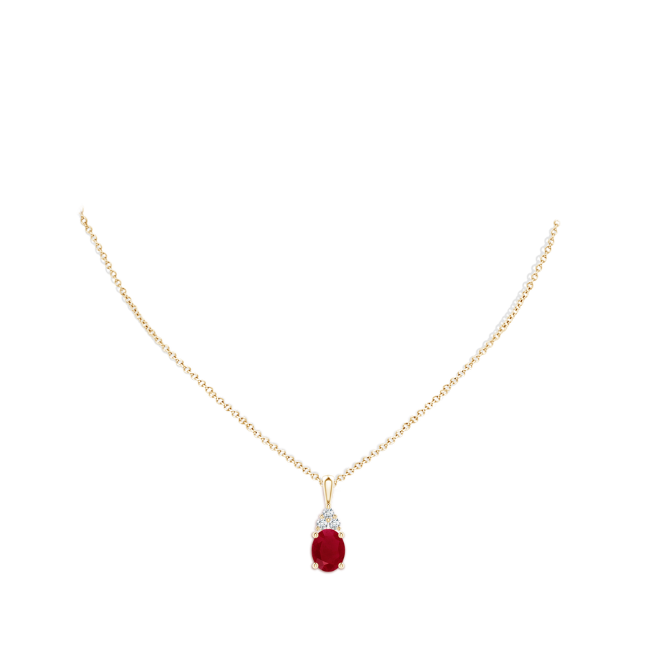 10x8mm AA Oval Ruby Solitaire Pendant with Trio Diamond in Yellow Gold pen