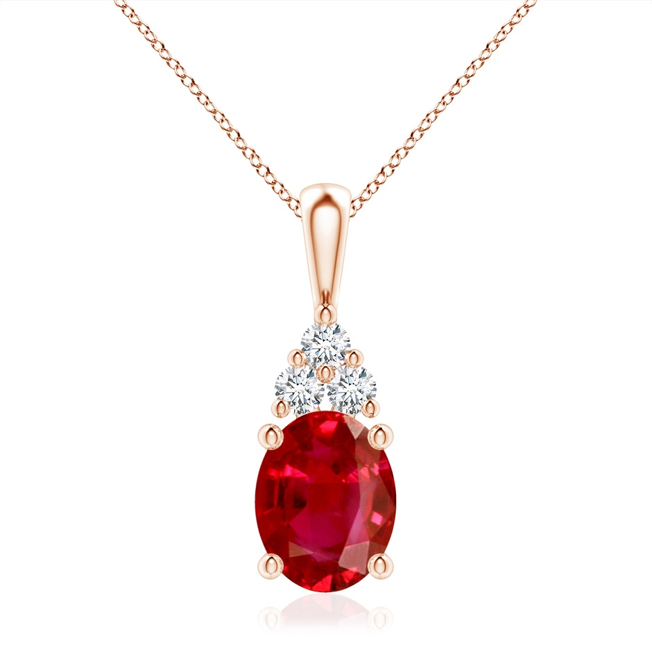 10x8mm AAA Oval Ruby Solitaire Pendant with Trio Diamond in Rose Gold 