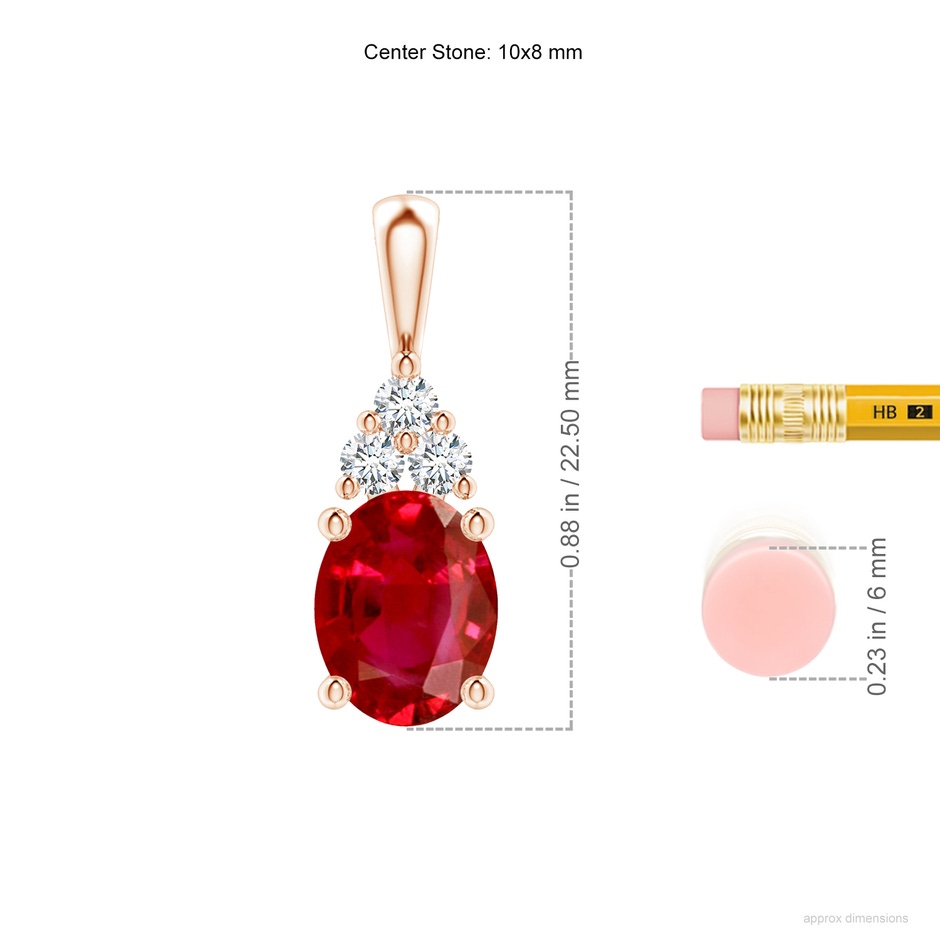 10x8mm AAA Oval Ruby Solitaire Pendant with Trio Diamond in Rose Gold ruler