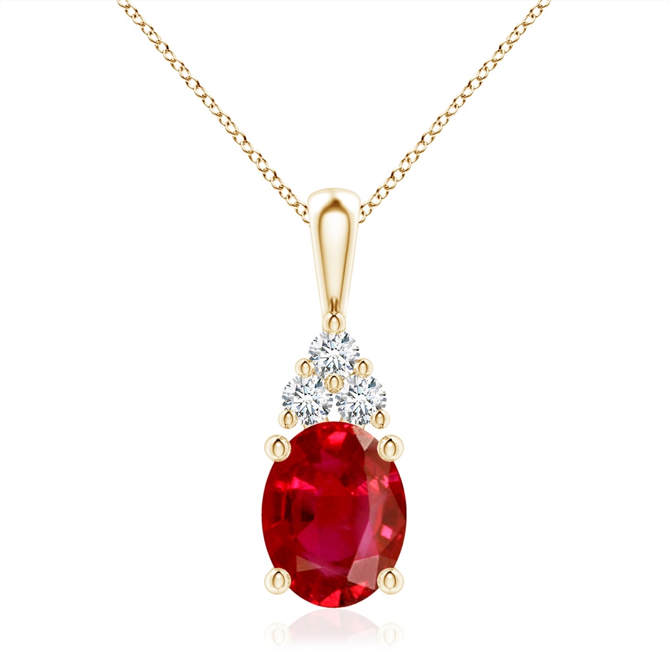 10x8mm AAA Oval Ruby Solitaire Pendant with Trio Diamond in Yellow Gold 