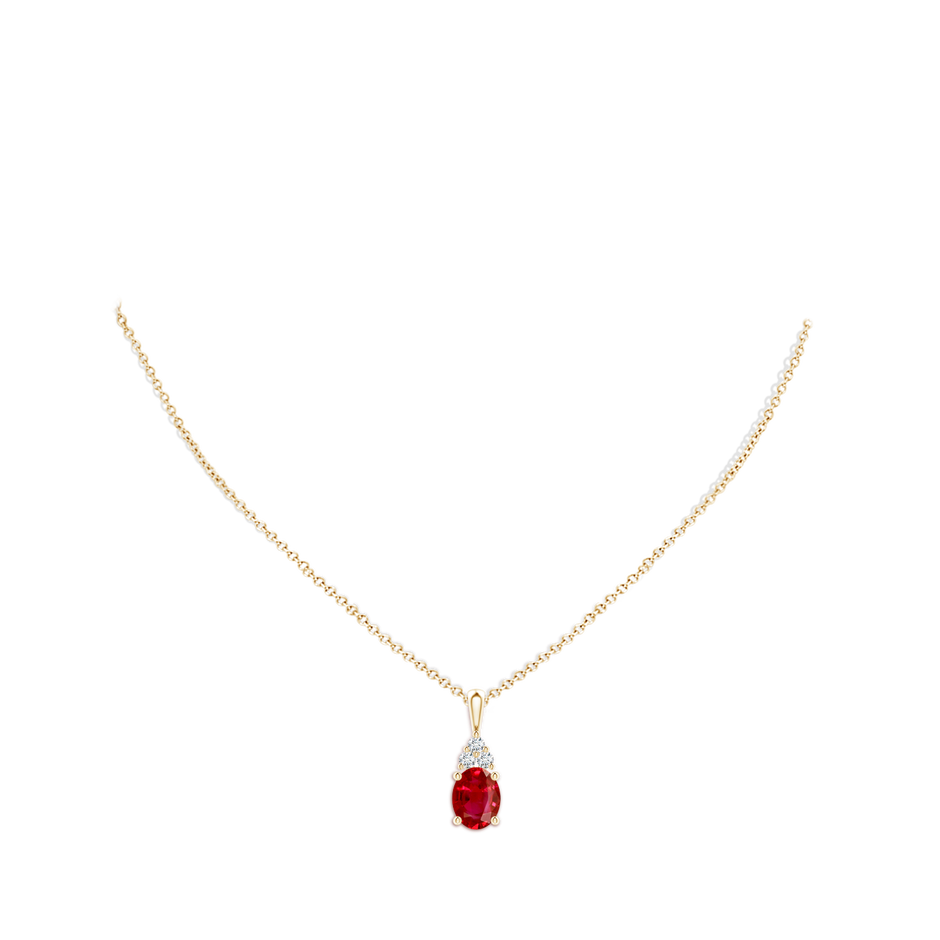 10x8mm AAA Oval Ruby Solitaire Pendant with Trio Diamond in Yellow Gold pen