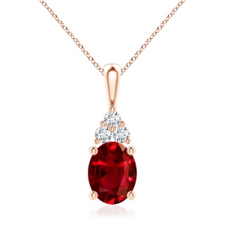 10x8mm AAAA Oval Ruby Solitaire Pendant with Trio Diamond in 18K Rose Gold