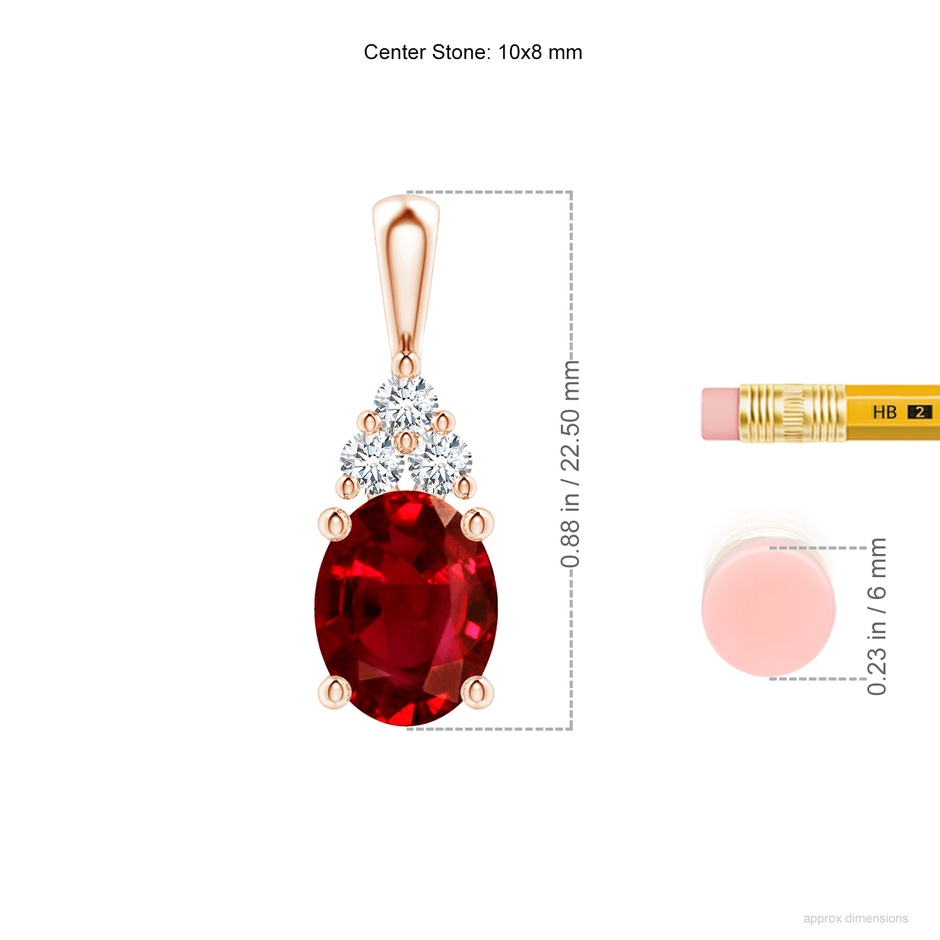 10x8mm AAAA Oval Ruby Solitaire Pendant with Trio Diamond in Rose Gold ruler