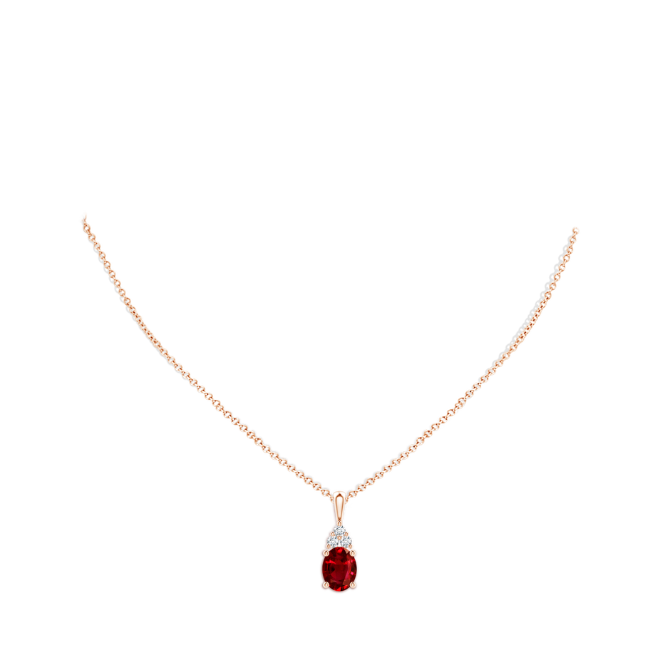 10x8mm AAAA Oval Ruby Solitaire Pendant with Trio Diamond in Rose Gold pen