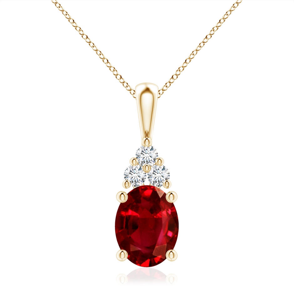 10x8mm AAAA Oval Ruby Solitaire Pendant with Trio Diamond in Yellow Gold 