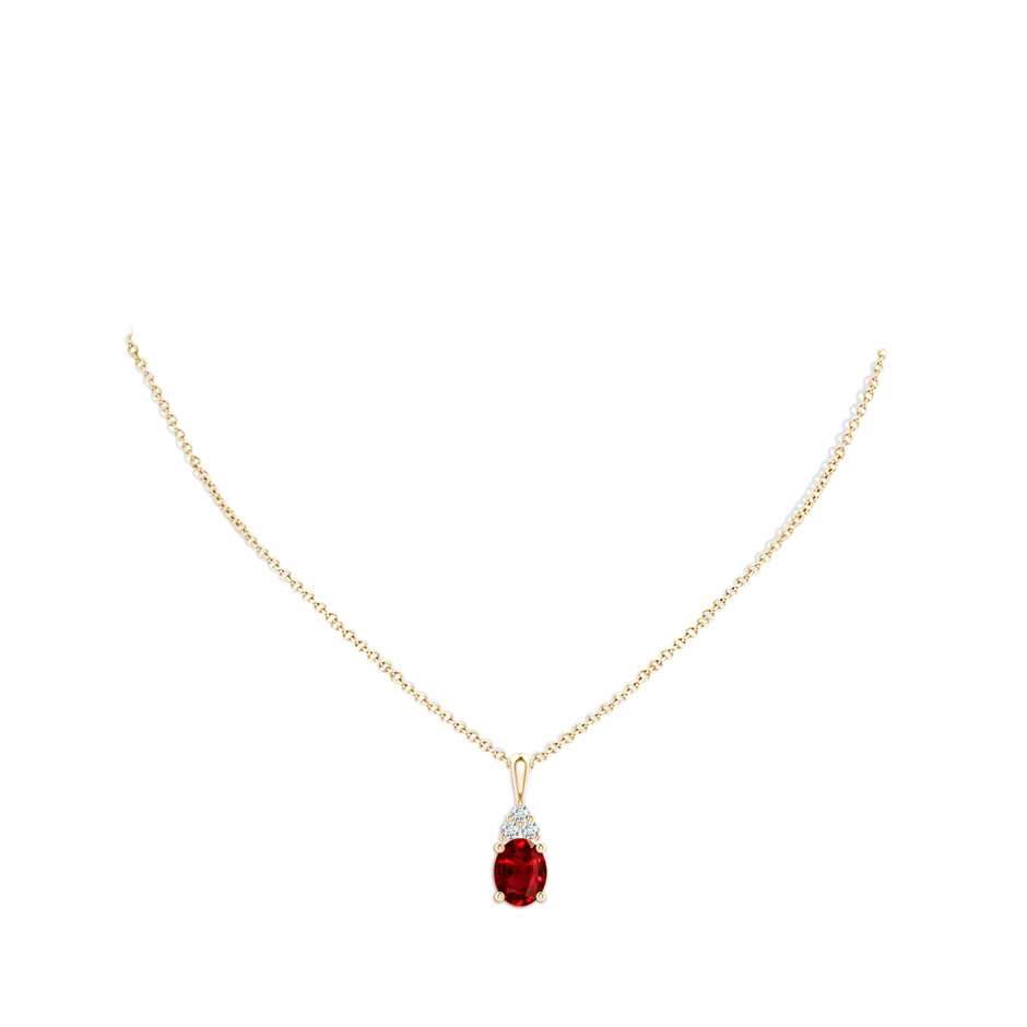 10x8mm AAAA Oval Ruby Solitaire Pendant with Trio Diamond in Yellow Gold pen