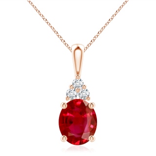 12x10mm AAA Oval Ruby Solitaire Pendant with Trio Diamond in 9K Rose Gold