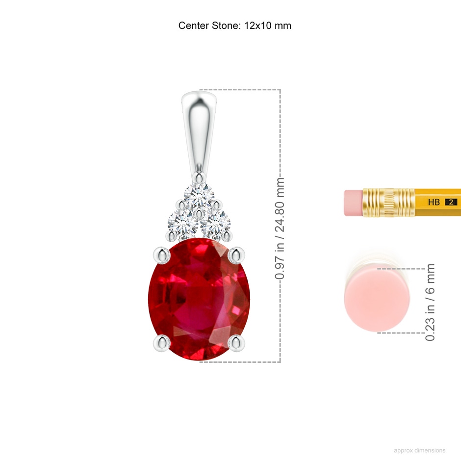 12x10mm AAA Oval Ruby Solitaire Pendant with Trio Diamond in S999 Silver ruler