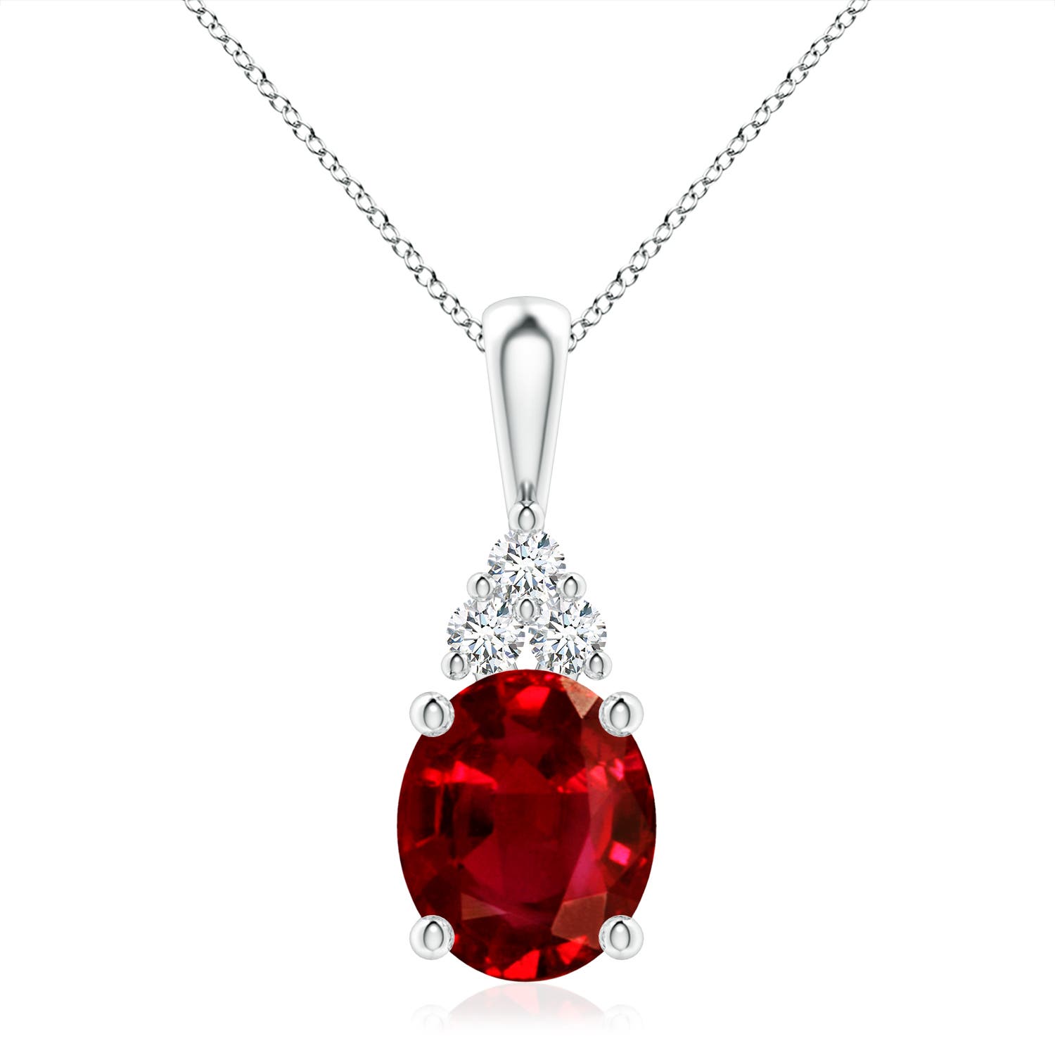 12x10mm AAAA Oval Ruby Solitaire Pendant with Trio Diamond in White Gold