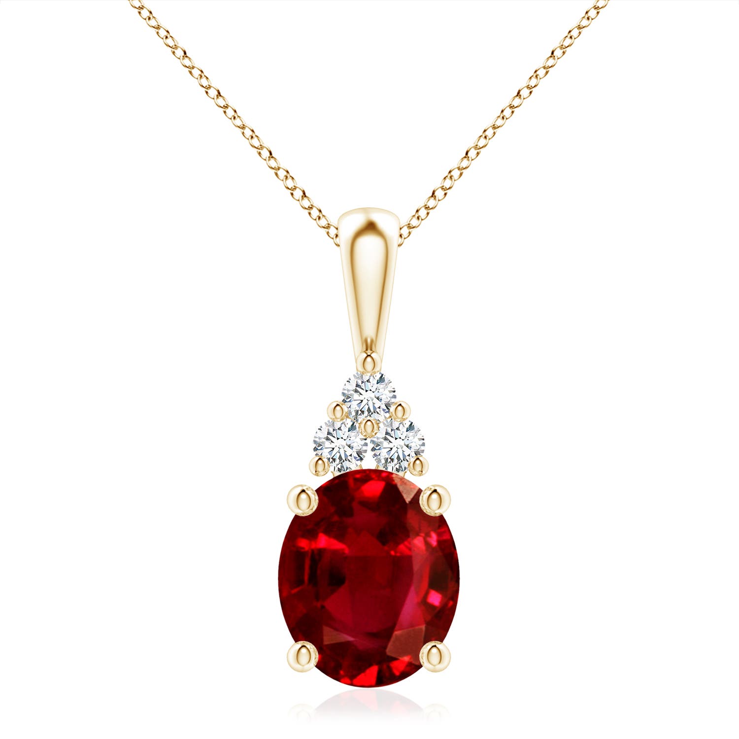 12x10mm AAAA Oval Ruby Solitaire Pendant with Trio Diamond in Yellow Gold