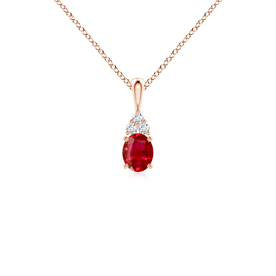 5x4mm AAA Oval Ruby Solitaire Pendant with Trio Diamond in Rose Gold 