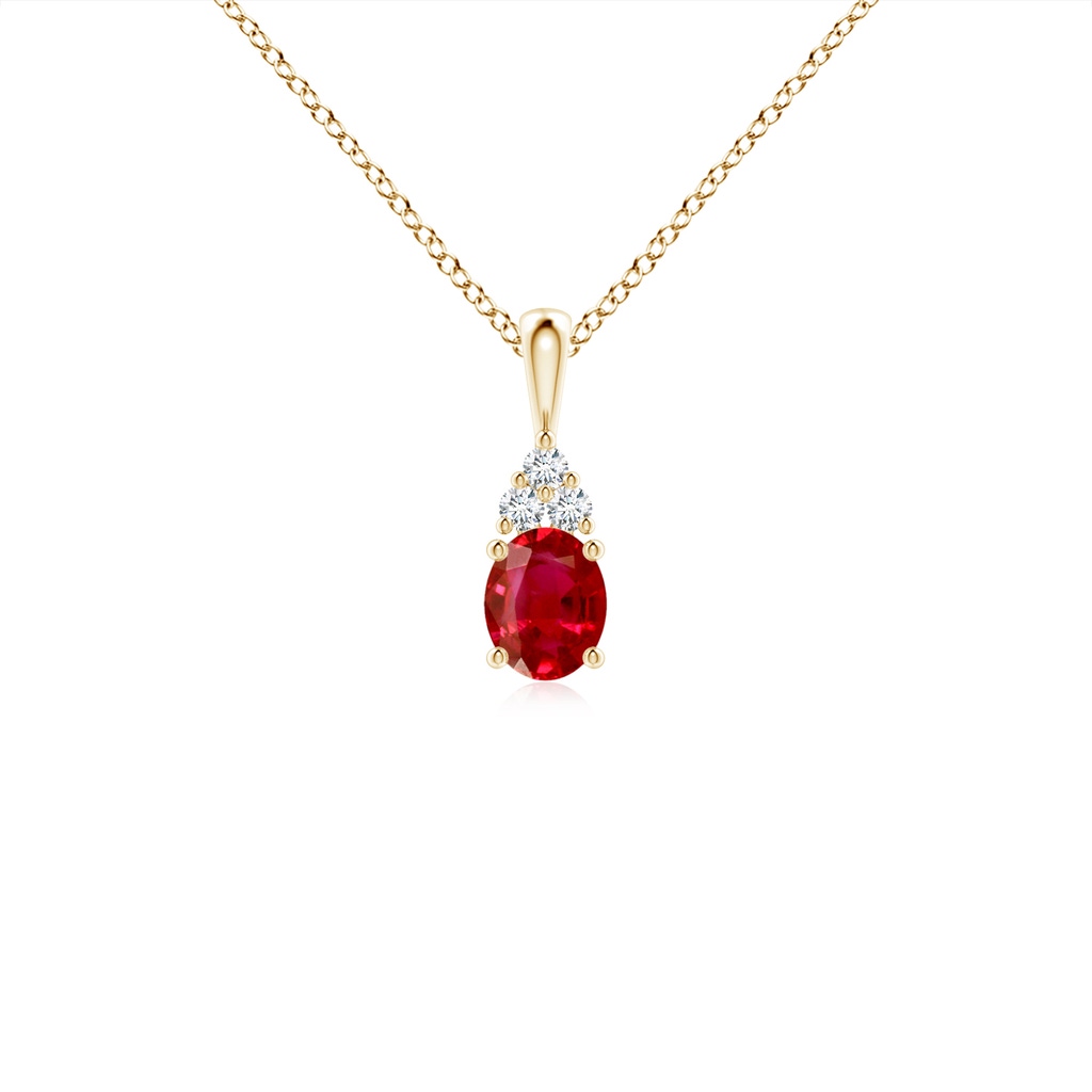 5x4mm AAA Oval Ruby Solitaire Pendant with Trio Diamond in Yellow Gold