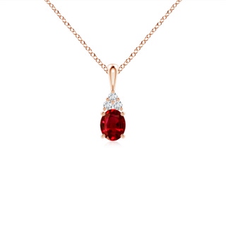 5x4mm AAAA Oval Ruby Solitaire Pendant with Trio Diamond in 9K Rose Gold