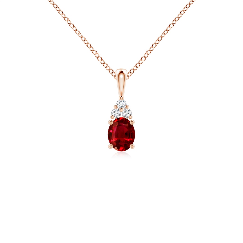 5x4mm AAAA Oval Ruby Solitaire Pendant with Trio Diamond in Rose Gold