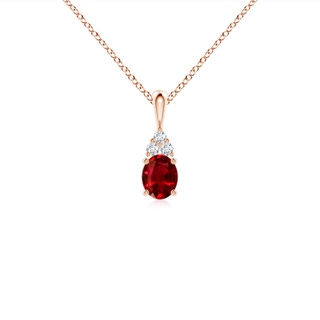 5x4mm AAAA Oval Ruby Solitaire Pendant with Trio Diamond in Rose Gold