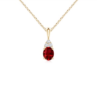 5x4mm AAAA Oval Ruby Solitaire Pendant with Trio Diamond in Yellow Gold