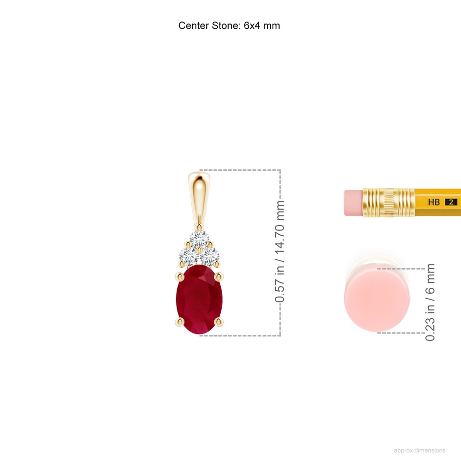 6x4mm AA Oval Ruby Solitaire Pendant with Trio Diamond in Yellow Gold ruler