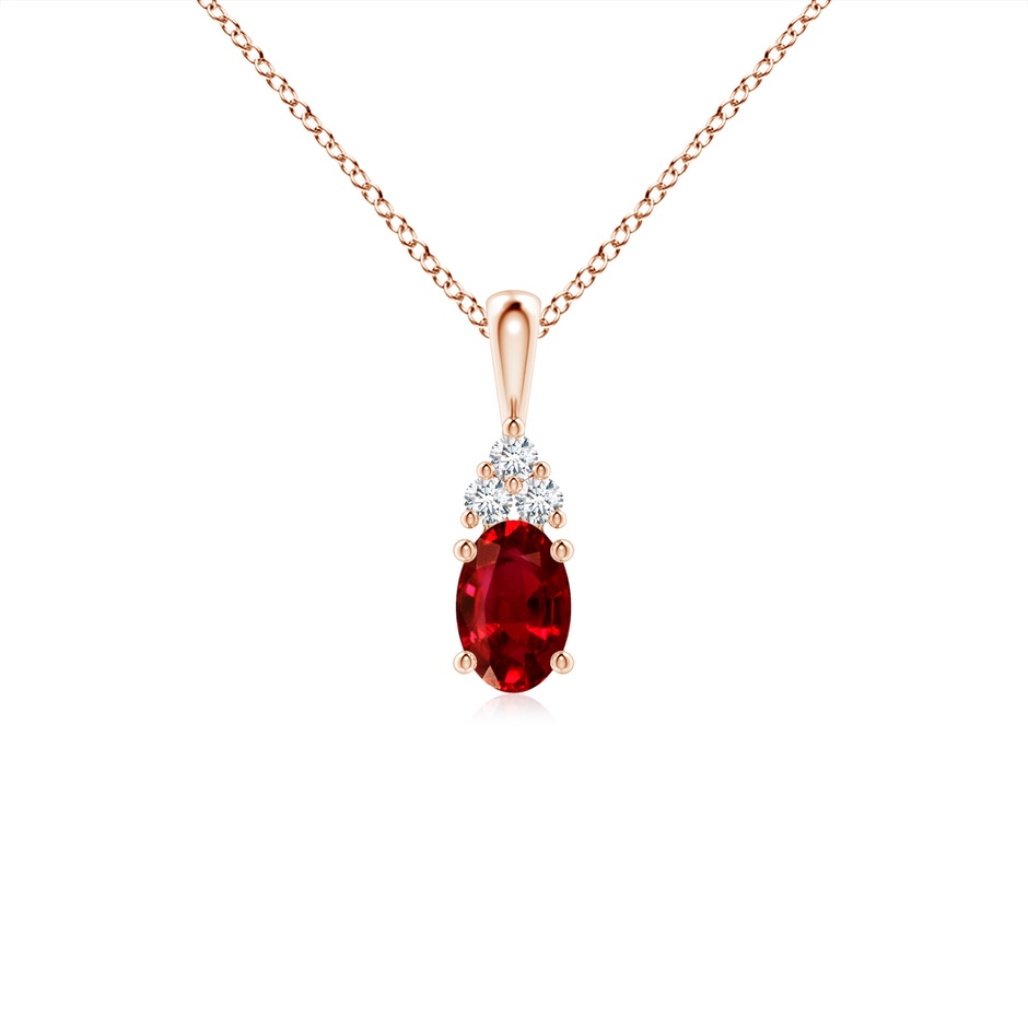 6x4mm AAAA Oval Ruby Solitaire Pendant with Trio Diamond in Rose Gold 