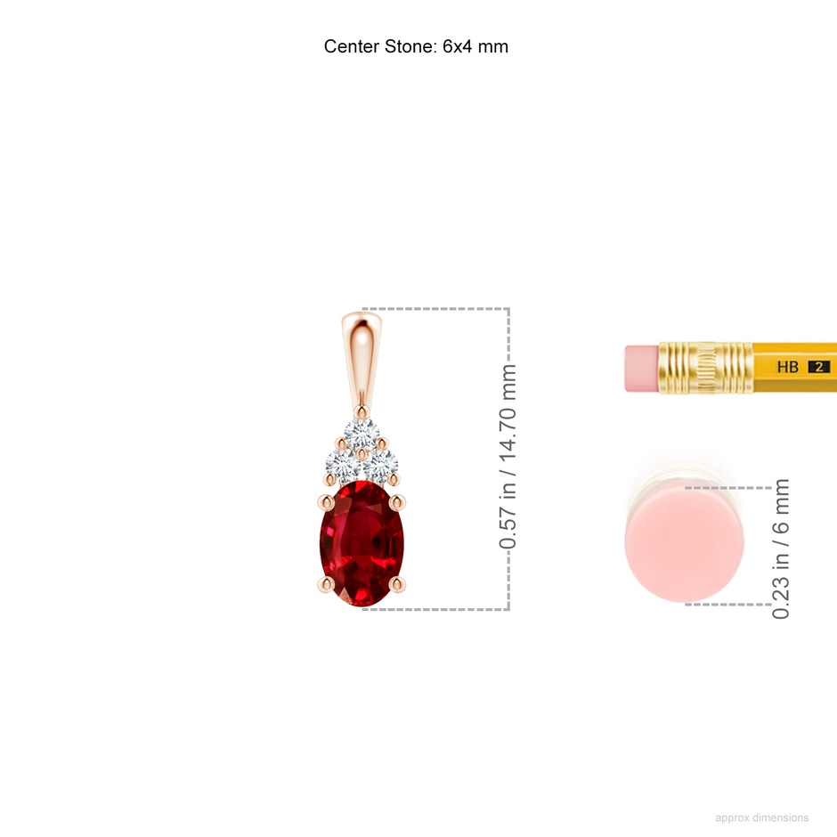 6x4mm AAAA Oval Ruby Solitaire Pendant with Trio Diamond in Rose Gold ruler