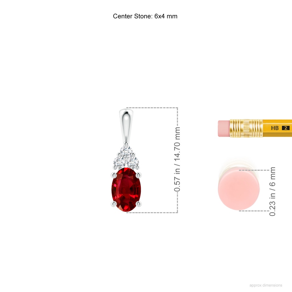 6x4mm AAAA Oval Ruby Solitaire Pendant with Trio Diamond in S999 Silver ruler