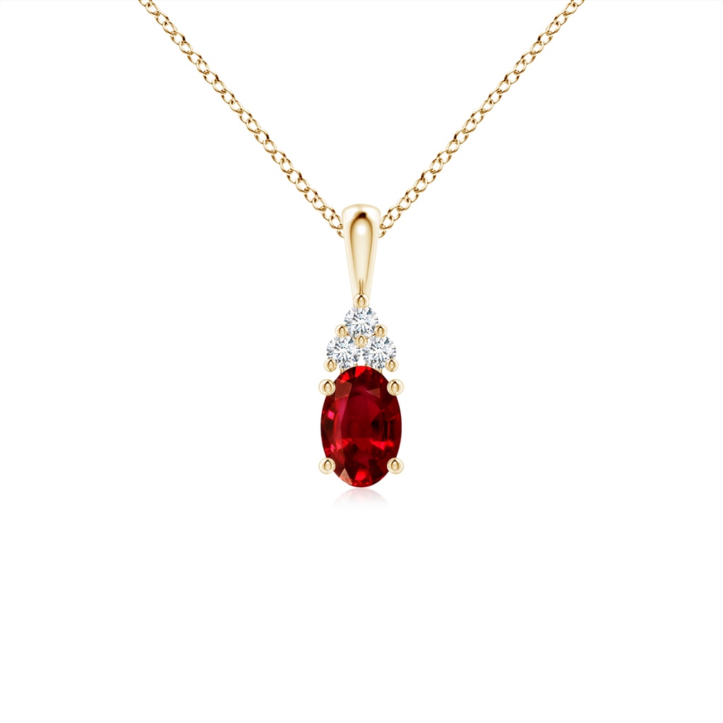 6x4mm AAAA Oval Ruby Solitaire Pendant with Trio Diamond in Yellow Gold