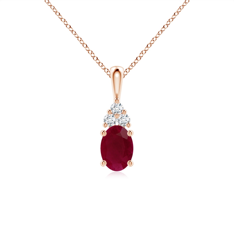 7x5mm A Oval Ruby Solitaire Pendant with Trio Diamond in Rose Gold 