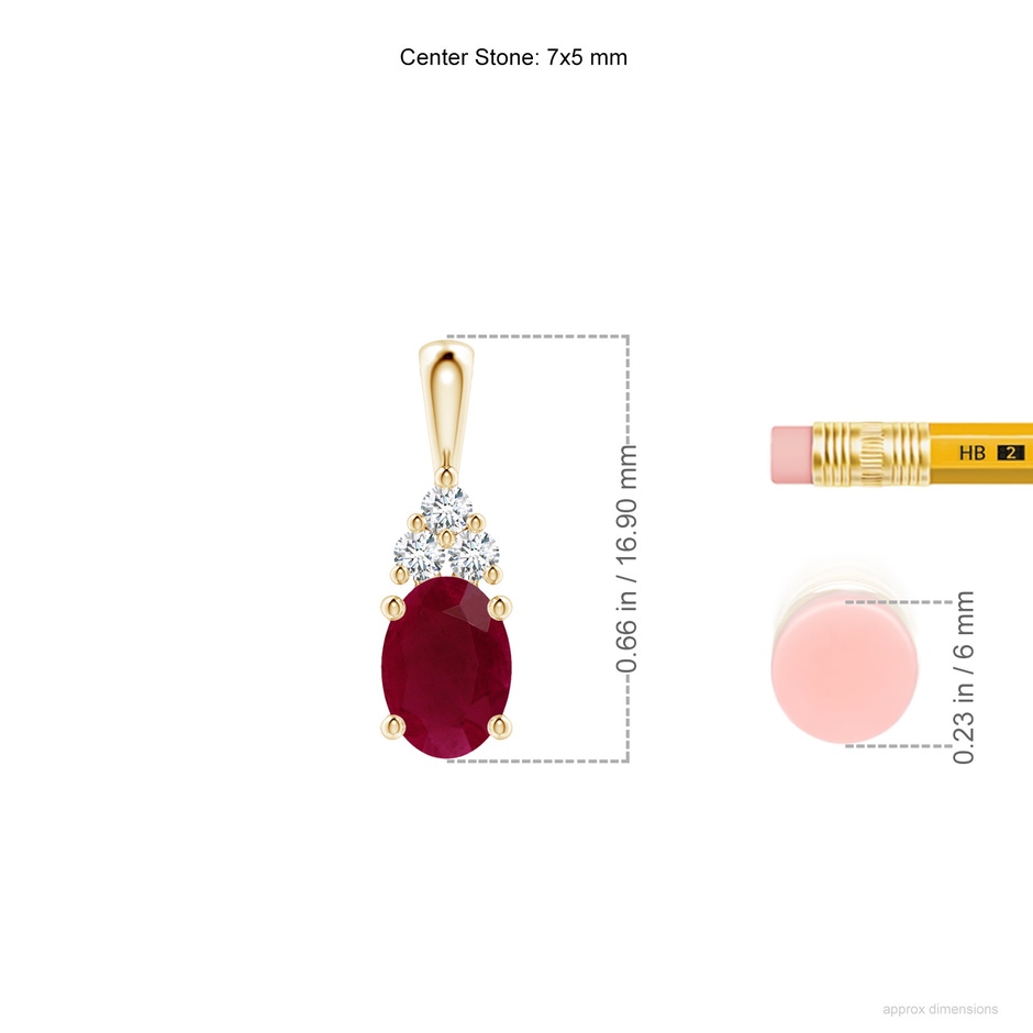 7x5mm A Oval Ruby Solitaire Pendant with Trio Diamond in Yellow Gold ruler