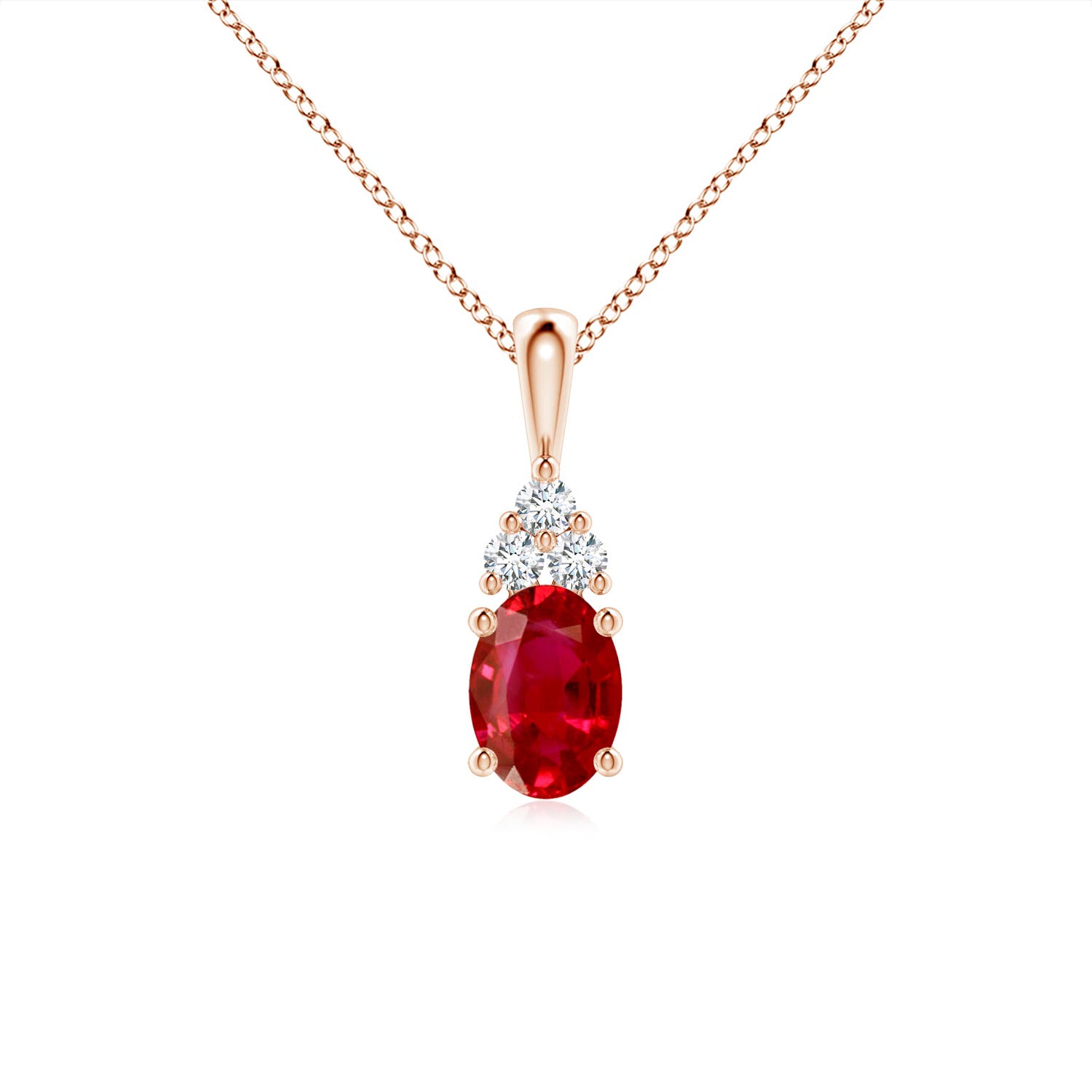 7x5mm AAA Oval Ruby Solitaire Pendant with Trio Diamond in 18K Rose Gold