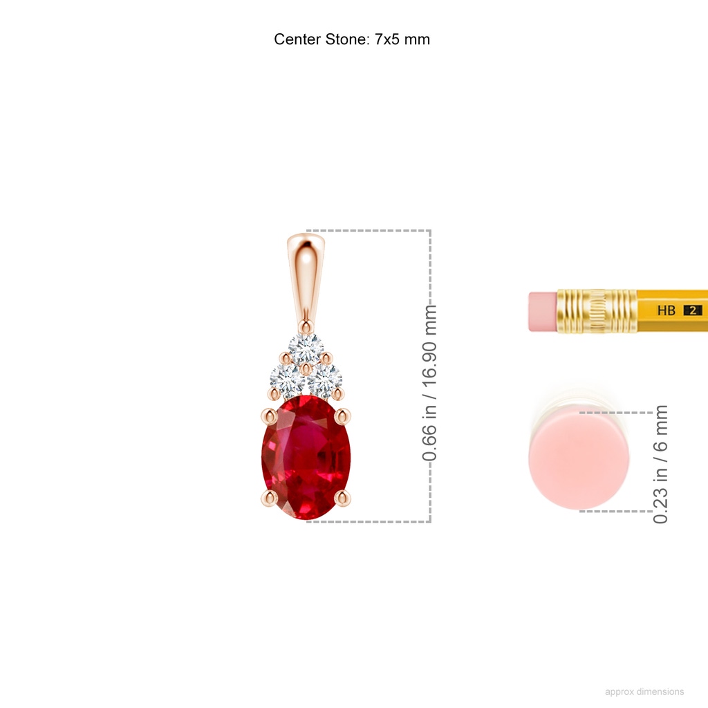 7x5mm AAA Oval Ruby Solitaire Pendant with Trio Diamond in Rose Gold ruler