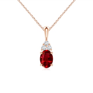 7x5mm AAAA Oval Ruby Solitaire Pendant with Trio Diamond in Rose Gold