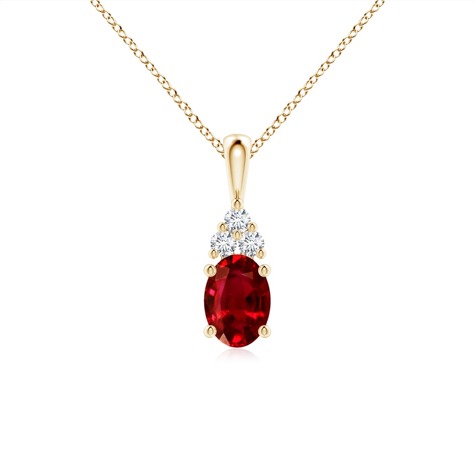 7x5mm AAAA Oval Ruby Solitaire Pendant with Trio Diamond in Yellow Gold 