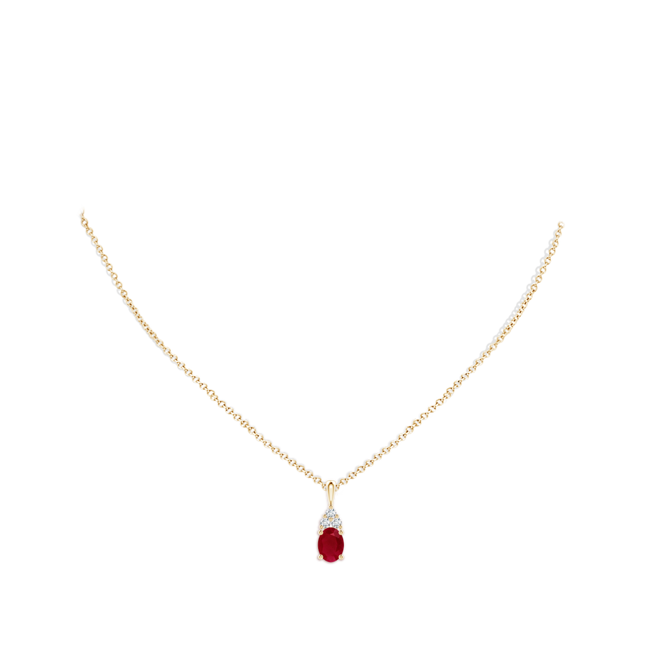 8x6mm AA Oval Ruby Solitaire Pendant with Trio Diamond in Yellow Gold pen