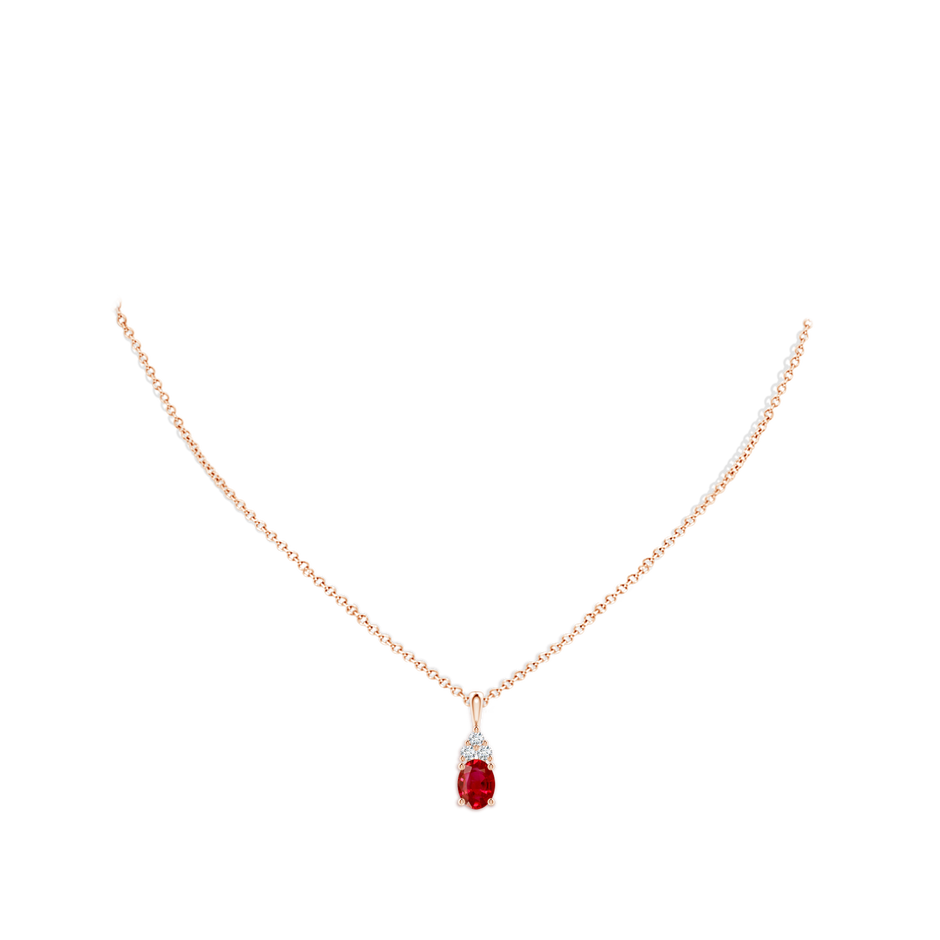 8x6mm AAA Oval Ruby Solitaire Pendant with Trio Diamond in 18K Rose Gold pen