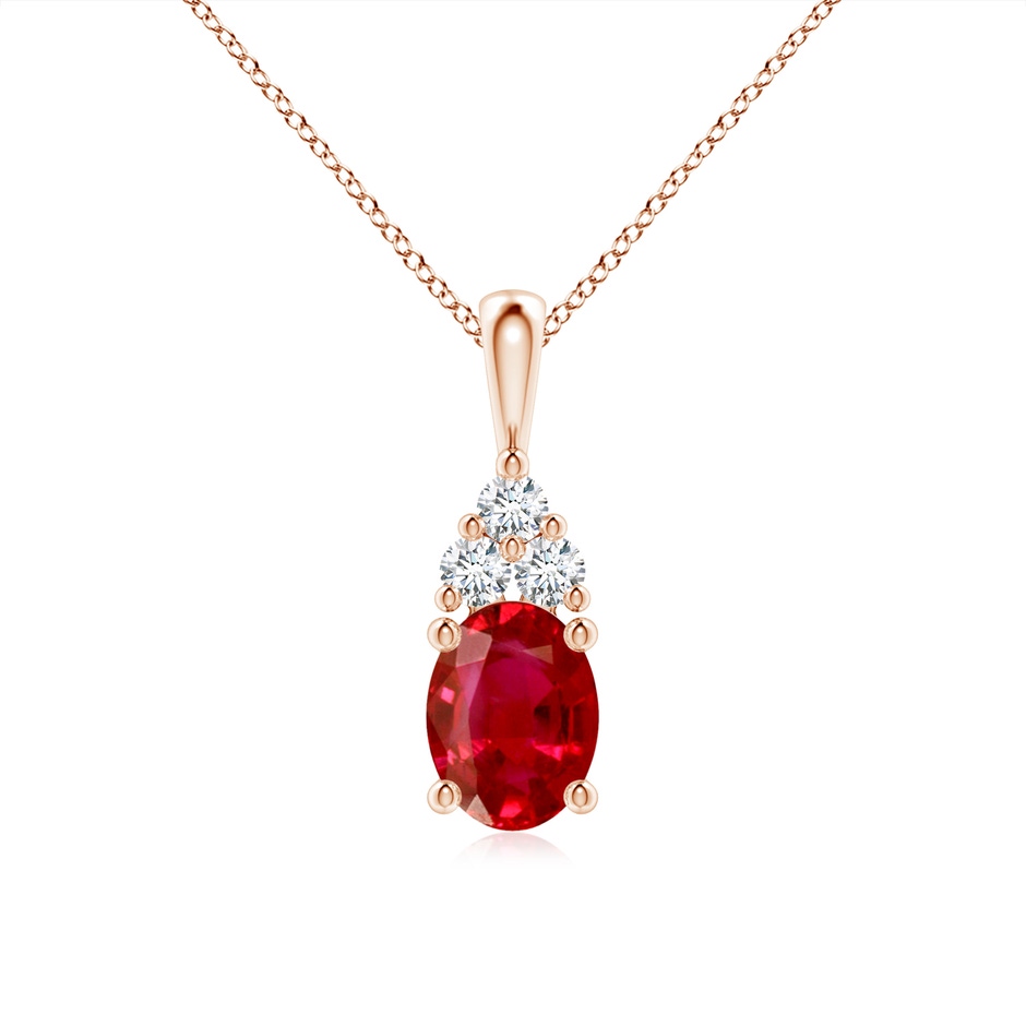 8x6mm AAA Oval Ruby Solitaire Pendant with Trio Diamond in Rose Gold 