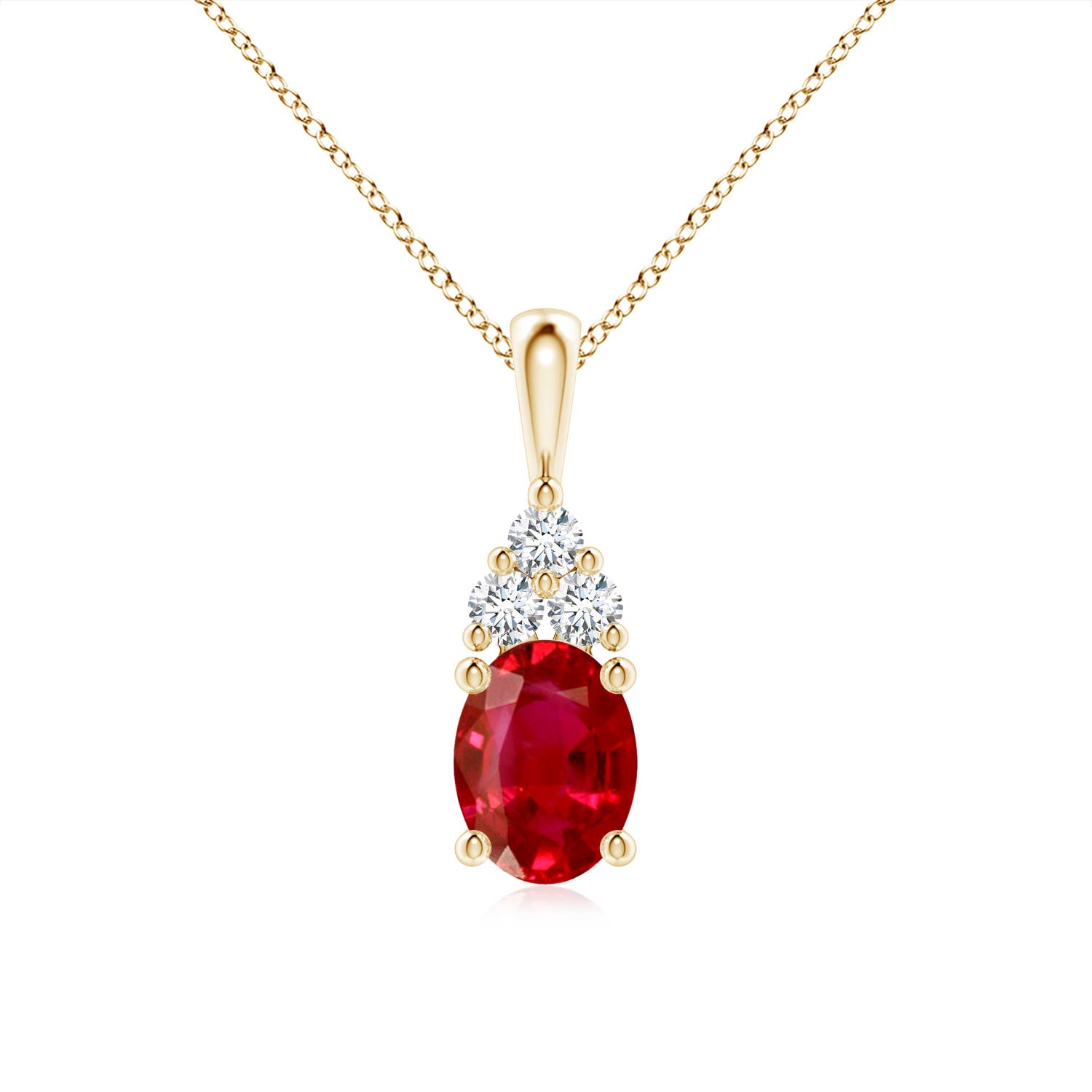 8x6mm AAA Oval Ruby Solitaire Pendant with Trio Diamond in Yellow Gold