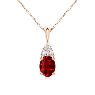 8x6mm AAAA Oval Ruby Solitaire Pendant with Trio Diamond in Rose Gold