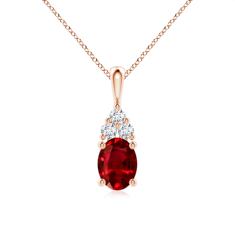 8x6mm AAAA Oval Ruby Solitaire Pendant with Trio Diamond in Rose Gold 