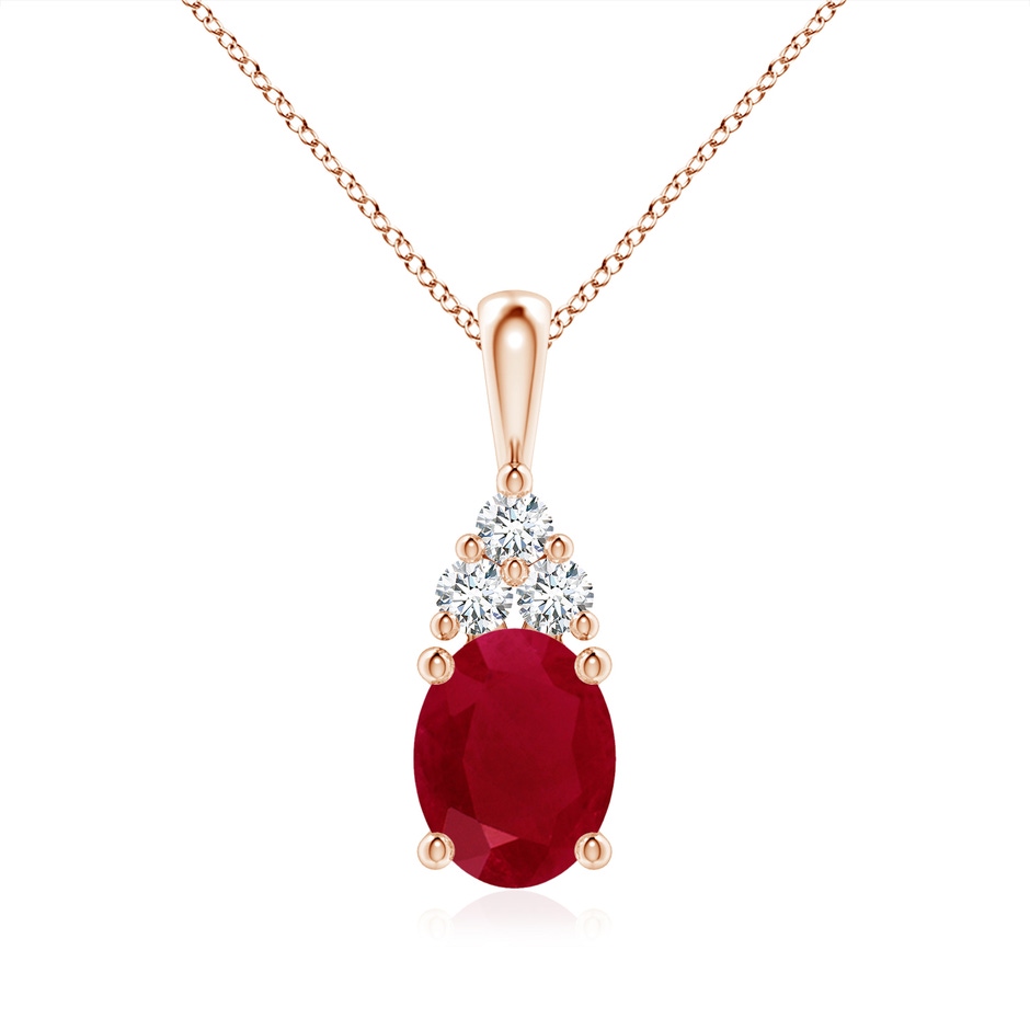 9x7mm AA Oval Ruby Solitaire Pendant with Trio Diamond in Rose Gold 