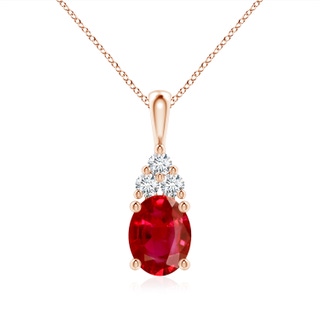 9x7mm AAA Oval Ruby Solitaire Pendant with Trio Diamond in 18K Rose Gold