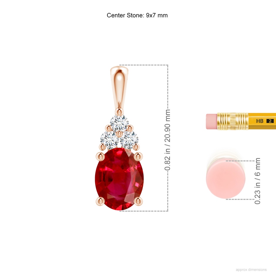 9x7mm AAA Oval Ruby Solitaire Pendant with Trio Diamond in 18K Rose Gold ruler