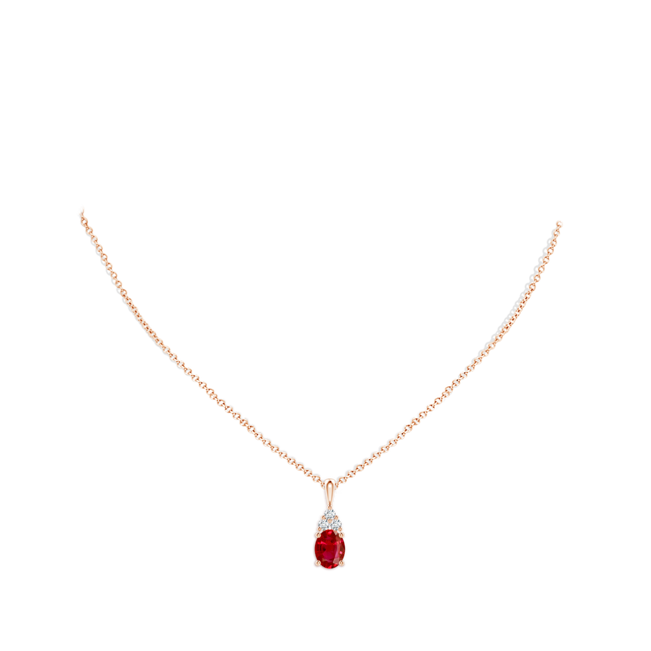 9x7mm AAA Oval Ruby Solitaire Pendant with Trio Diamond in 18K Rose Gold pen