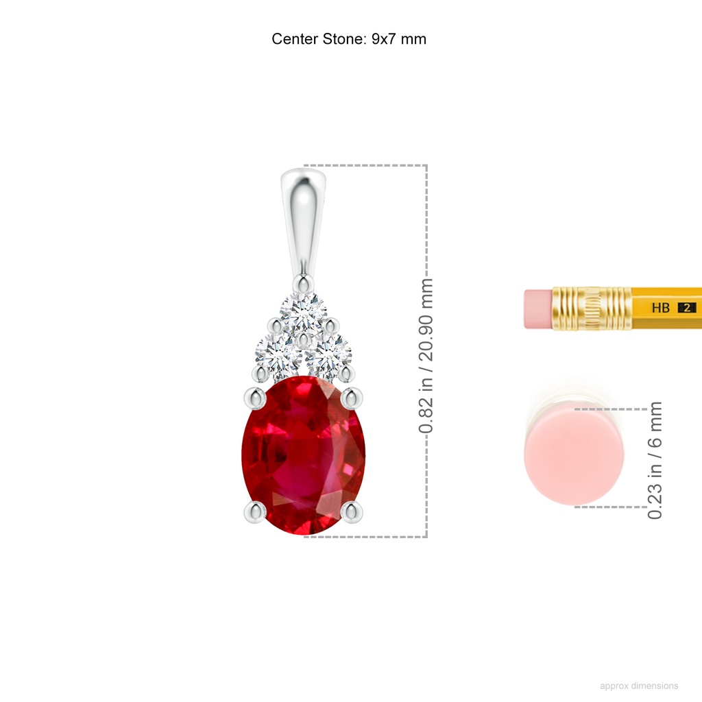 9x7mm AAA Oval Ruby Solitaire Pendant with Trio Diamond in White Gold ruler