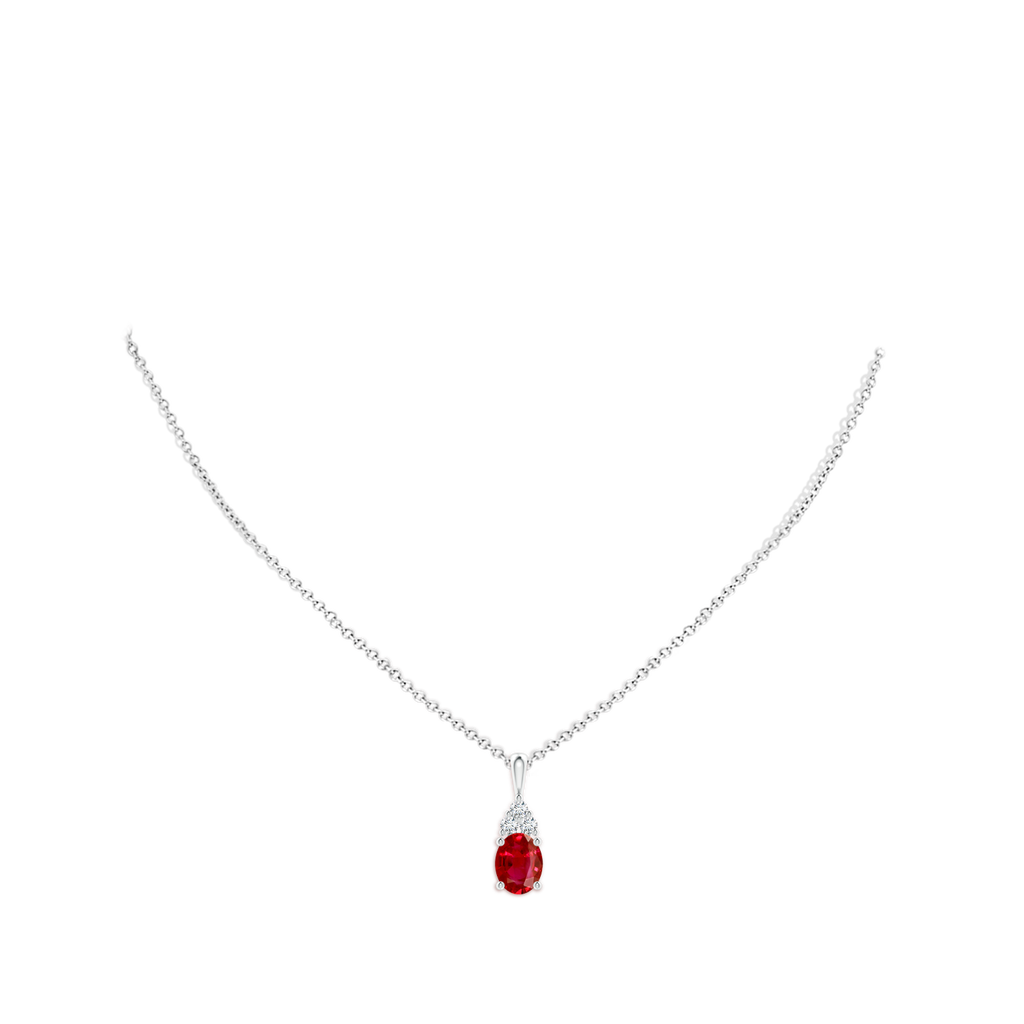 9x7mm AAA Oval Ruby Solitaire Pendant with Trio Diamond in White Gold pen