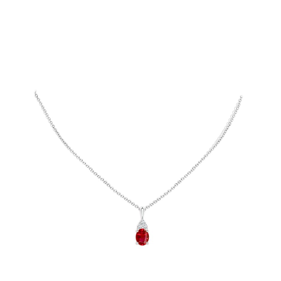 9x7mm AAA Oval Ruby Solitaire Pendant with Trio Diamond in White Gold pen