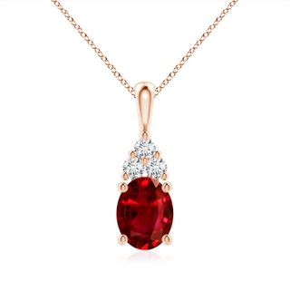 9x7mm AAAA Oval Ruby Solitaire Pendant with Trio Diamond in 18K Rose Gold