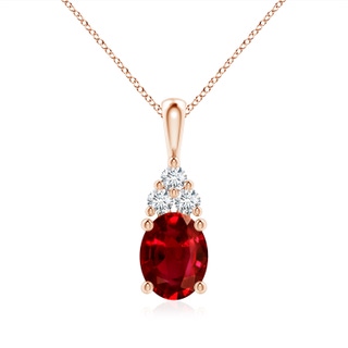 9x7mm AAAA Oval Ruby Solitaire Pendant with Trio Diamond in 9K Rose Gold